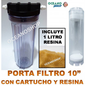 Porta filtro con cartucho y 1 litro de resina lecho mixto porta filtros cartucho 10 vf1026 transparente resina lecho mixto osmosis acuario marino