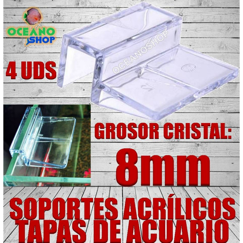 en Vidrio Cristal de 8mm 4X Soportes para Tapa en Acuario o Gambario