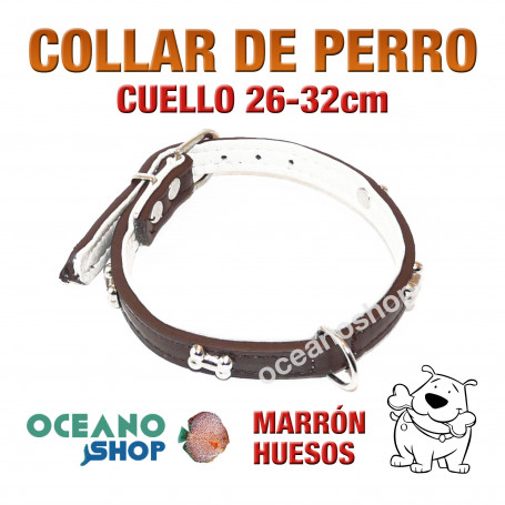 COLLAR PERRO PIEL MARRÓN ADORNO HUESO AJUSTABLE CUELLO 26-32cm L2 2945