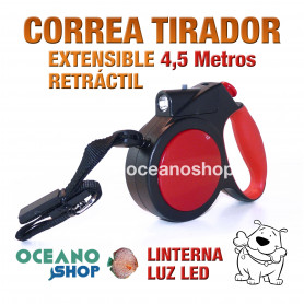 CORREA 4,5m EXTENSIBLE LUZ LED PERROS DE HASTA 40KG RETRÁCTIL PASEO CORREA TIRADOR MULTIPOSICION NYLON Y LED 200x2cm ADIESTRAMIENTO PERRO