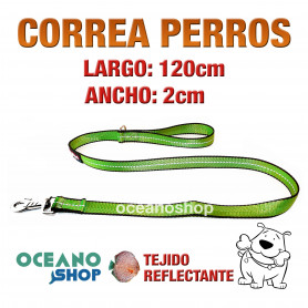 CORREA PERRO VERDE TEJIDO REFLECTANTE DE 2cm ANCHO 120cm LARGO L85 3368 CORREA PERRO VERDE TEJIDO REFLECTANTE DE 2cm ANCHO 120cm LARGO