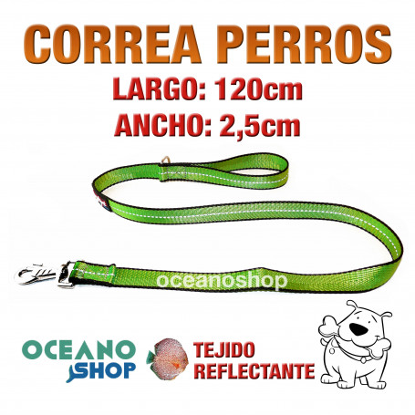 CORREA PERRO VERDE TEJIDO REFLECTANTE DE 2,5cm ANCHO 120cm LARGO