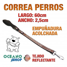 CORREA PERRO TEJIDO REFLECTANTE MARRÓN EMPUÑADURA ACOLCHADA 60cm LARGO L91 3401 CORREA PERRO TEJIDO REFLECTANTE MARRÓN EMPUÑADURA ACOLCHADA 60cm LARGO