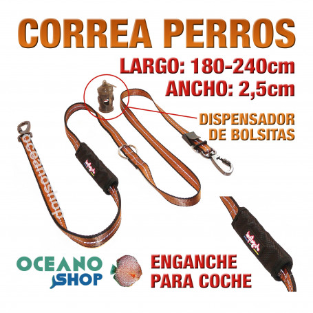 CORREA PERRO TIRADOR MULTIPOSICION NYLON 180-240cm ENGANCHE CINTURÓN L93  3394 | OCEANOSHOP