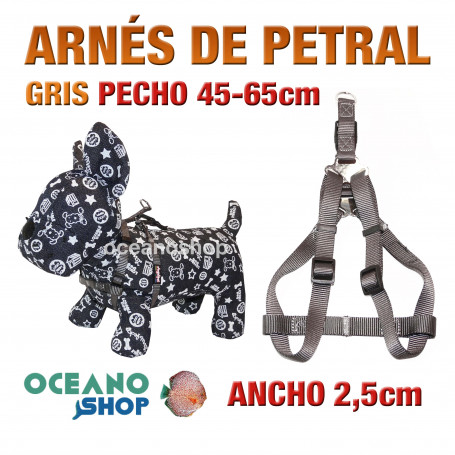 ARNÉS PETRAL GRIS CÓMODO AJUSTABLE PERRO PECHO 45-65cm ANCHO 2,5cm