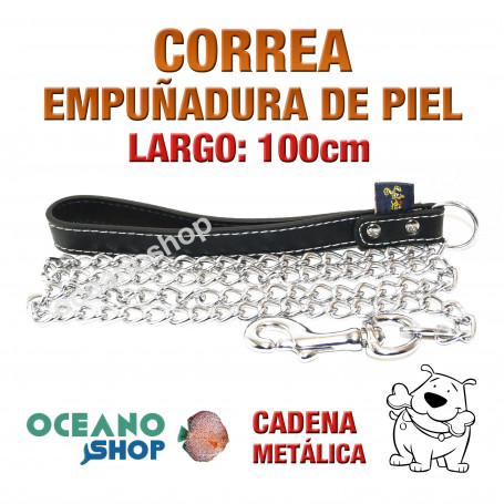 CORREA DE PERRO CON EMPUÑADURA DE PIEL NEGRA Y CADENA METÁLICA 100cm Largo