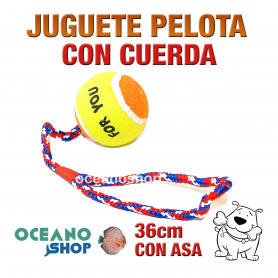 Juguete pelota de tennis perro con cuerda y asa algodón trenzado 36 cm. longitud 