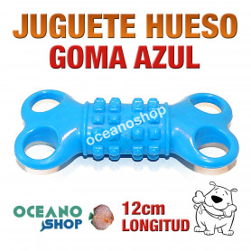 Juguete hueso perro goma azul detalle relieves 12cm longitud