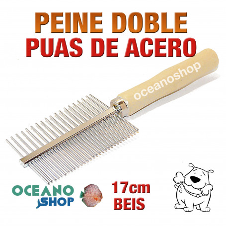 Peine doble desenredante perro y gato púas de acero 17cm mango madera