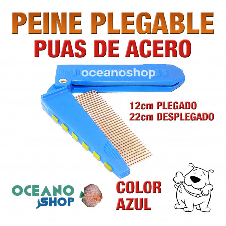 Peine plegable púas de acero perro y gato pelo mango goma azul