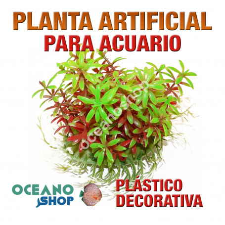 Planta artificial decoración acuario plástico verde y roja 14cm diametro peces refugio