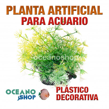Planta artificial decoración acuario plástico verde y amarillo 13cm diametro peces refugio