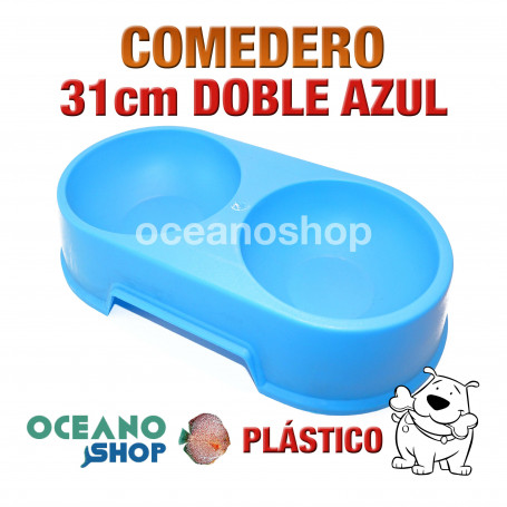 Comedero bebedero doble perro plástico azul 31cm resistente comida bebida