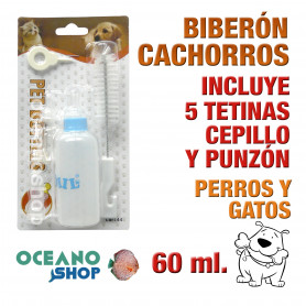 Biberón cachorros perros y gatos 60ml con 5 tetinas cepillo y punzon Biberón cachorros perros y gatos 60ml con 5 tetinas cepillo y punzon