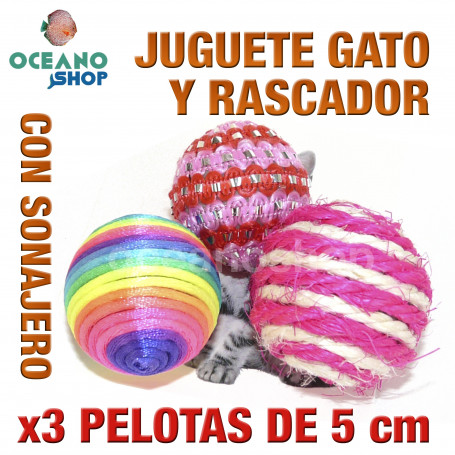 Juguete rascador gato pack x3 pelotas sonajero 5 cm