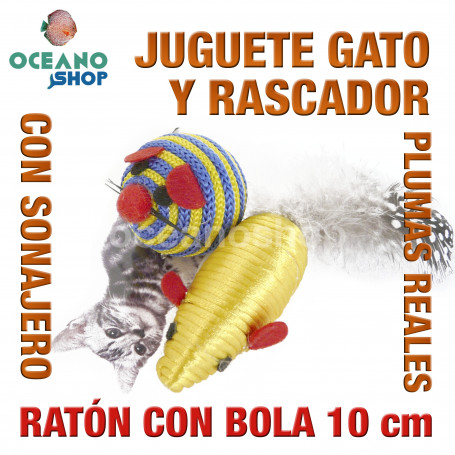 Juguete rascador gato ratón con bola sonajero pluma 10 cm