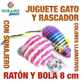 Juguete rascador gato ratón ratón multicolor y bola con sonajero 8cm