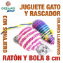 Juguete rascador gato ratón ratón multicolor y bola con sonajero 8cm