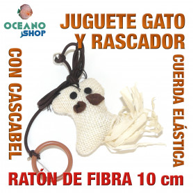 Juguete rascador gato ratón de fibra con cuerda elástica + cascabel y cola 10cm