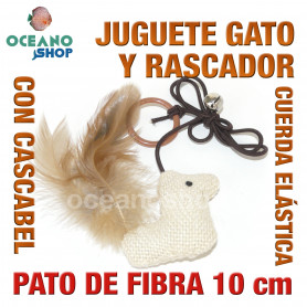 Juguete rascador gato pato de fibra con cuerda elástica + cascabel y cola 10cm