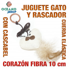 Juguete rascador gato corazón de fibra con cuerda elástica + cascabel y cola 10cm