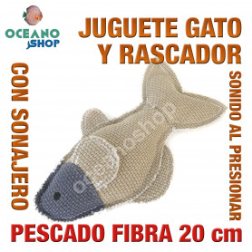 Juguete rascador gato pez tela fibra natural sonajero sonido al presionar 20 cm