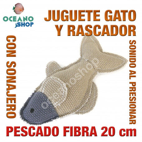 Juguete rascador gato pez tela fibra natural sonajero sonido al presionar 20 cm