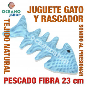 Juguete rascador gato pez escamas tela fibra sonido al presionar 23 cm