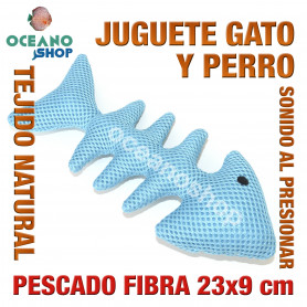 Juguete rascador gato pez escamas tela fibra sonido al presionar 23x9 cm