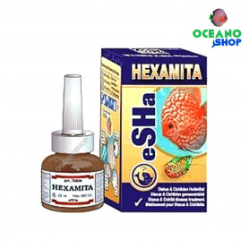 Esha hexamita 20ml Detalles de  Esha hexamita 20ml tratamiento discos y ciclidos acuario agujero en la cabeza